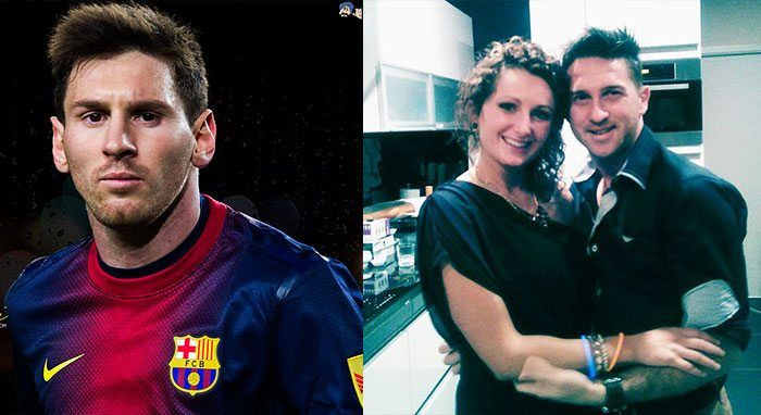 Links de echte Messi, rechts James met zijn, laten we eerlijk zijn, knappe vriendin.